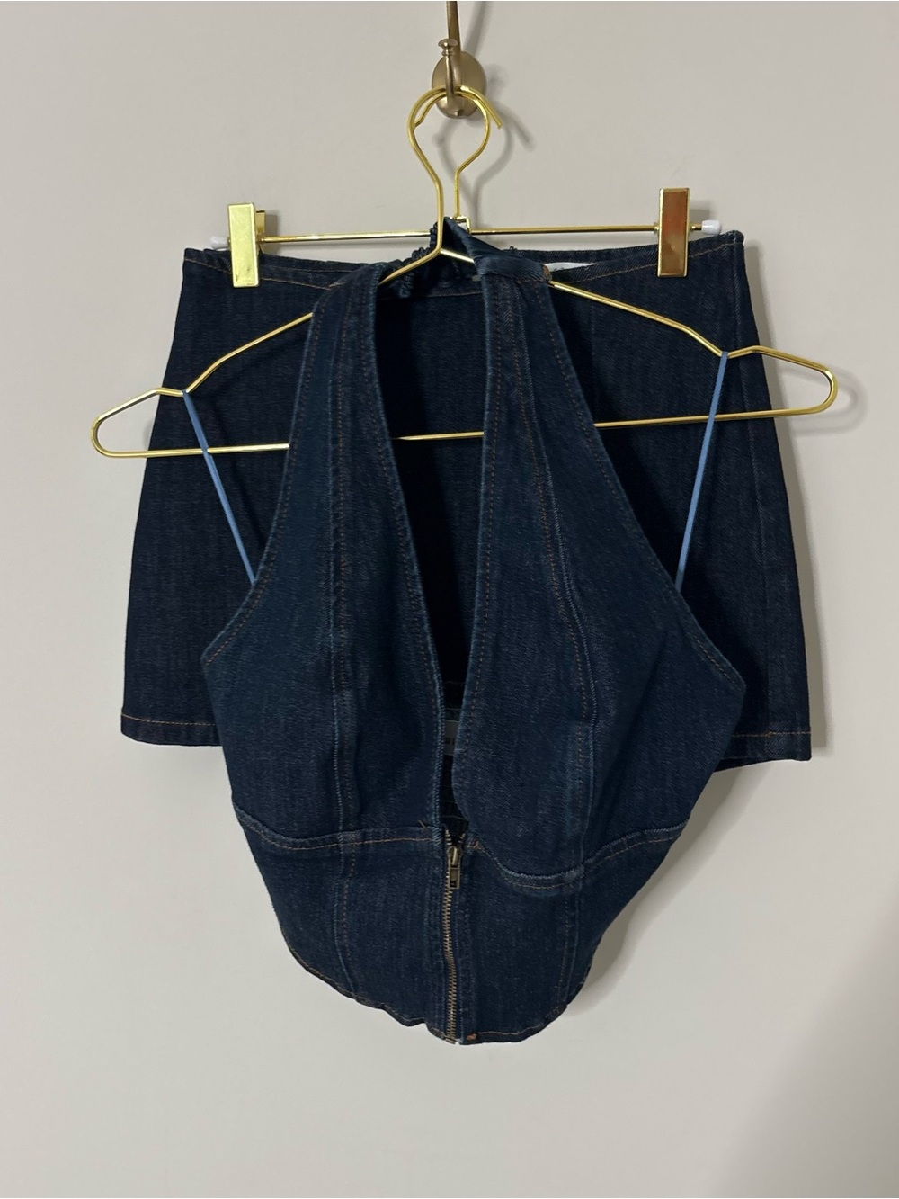 Windsor Denim Halter Zip-Front Crop Top & Matching Denim Skort